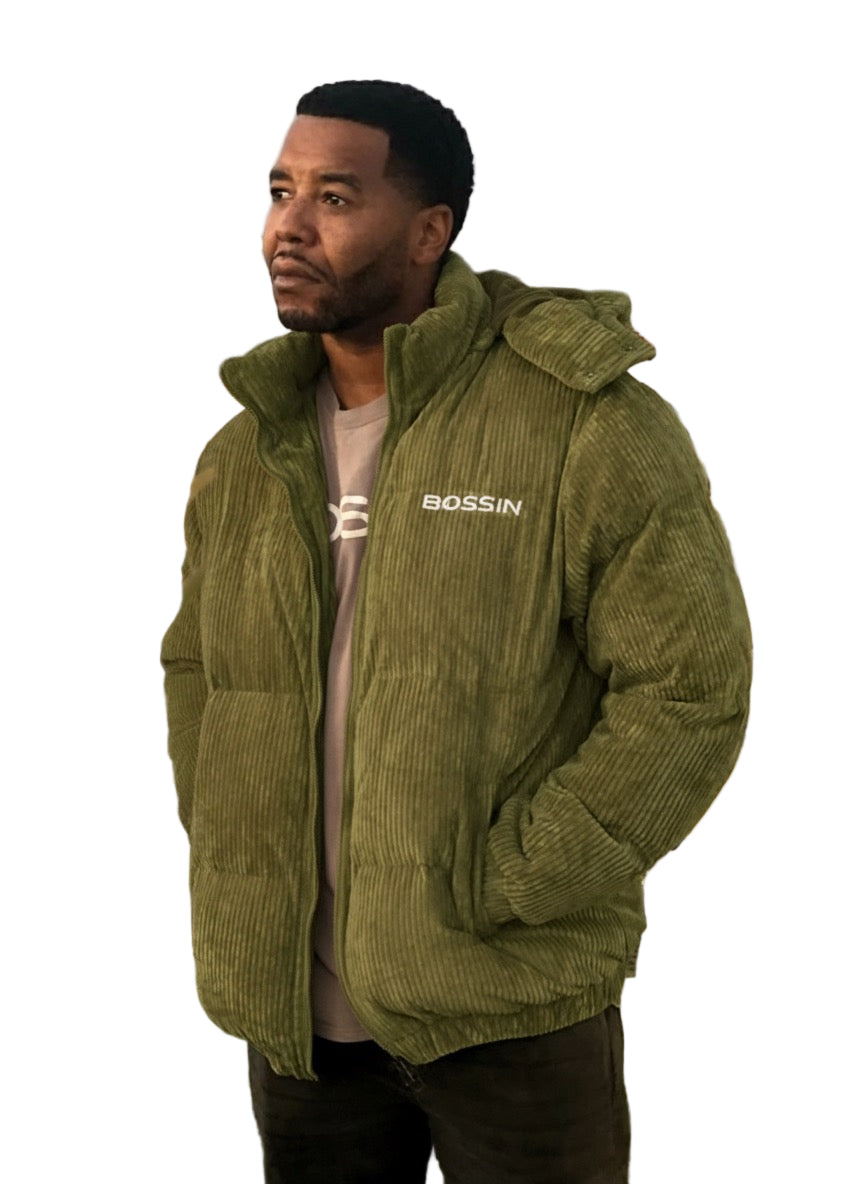 BOSSIN Money Green Zip Up Corduroy Puffer With Detachable Hood