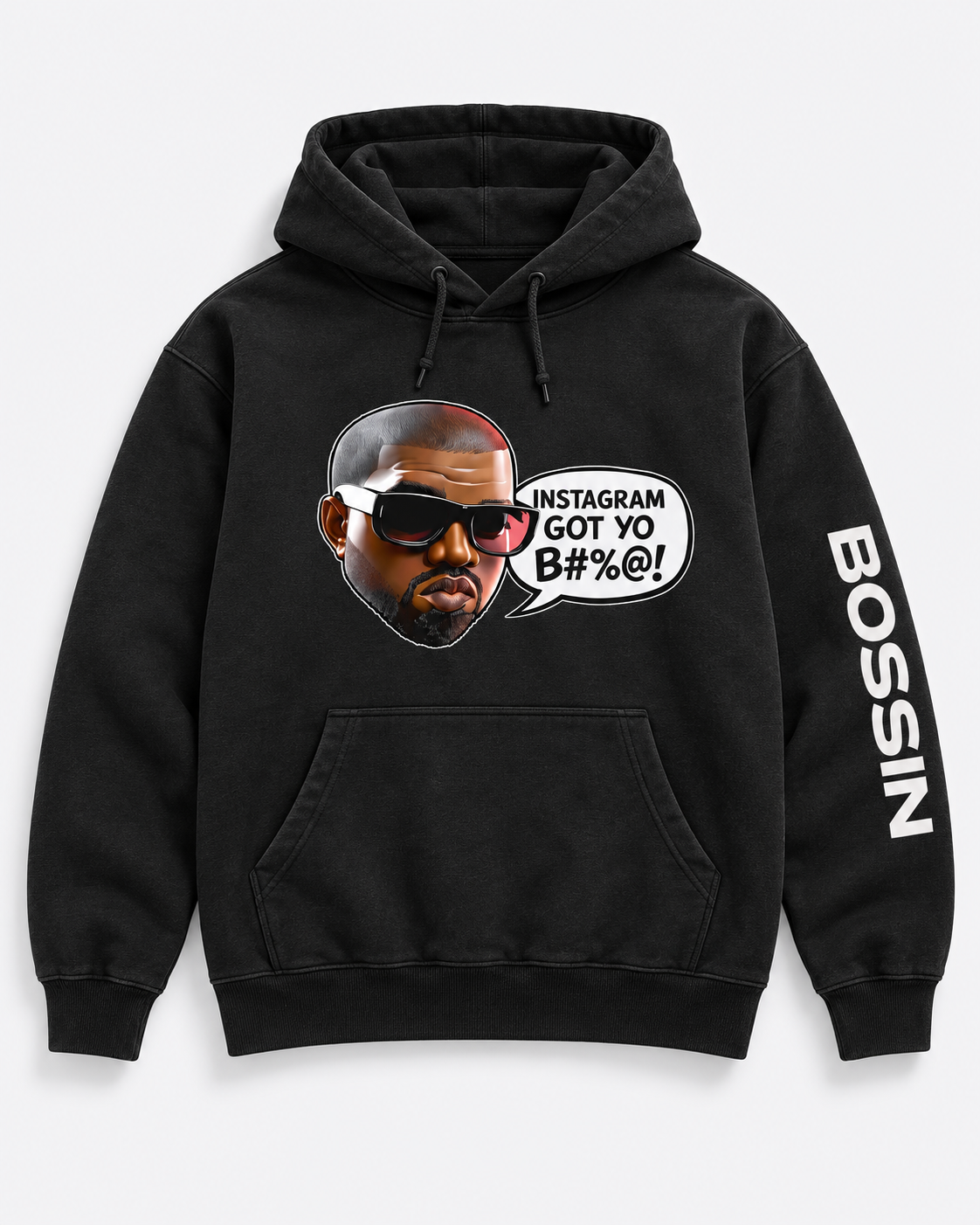 
                  
                    BOSSIN Instagram Got Yo B#%@! Hoodie in black with BOSSIN sleeve print
                  
                