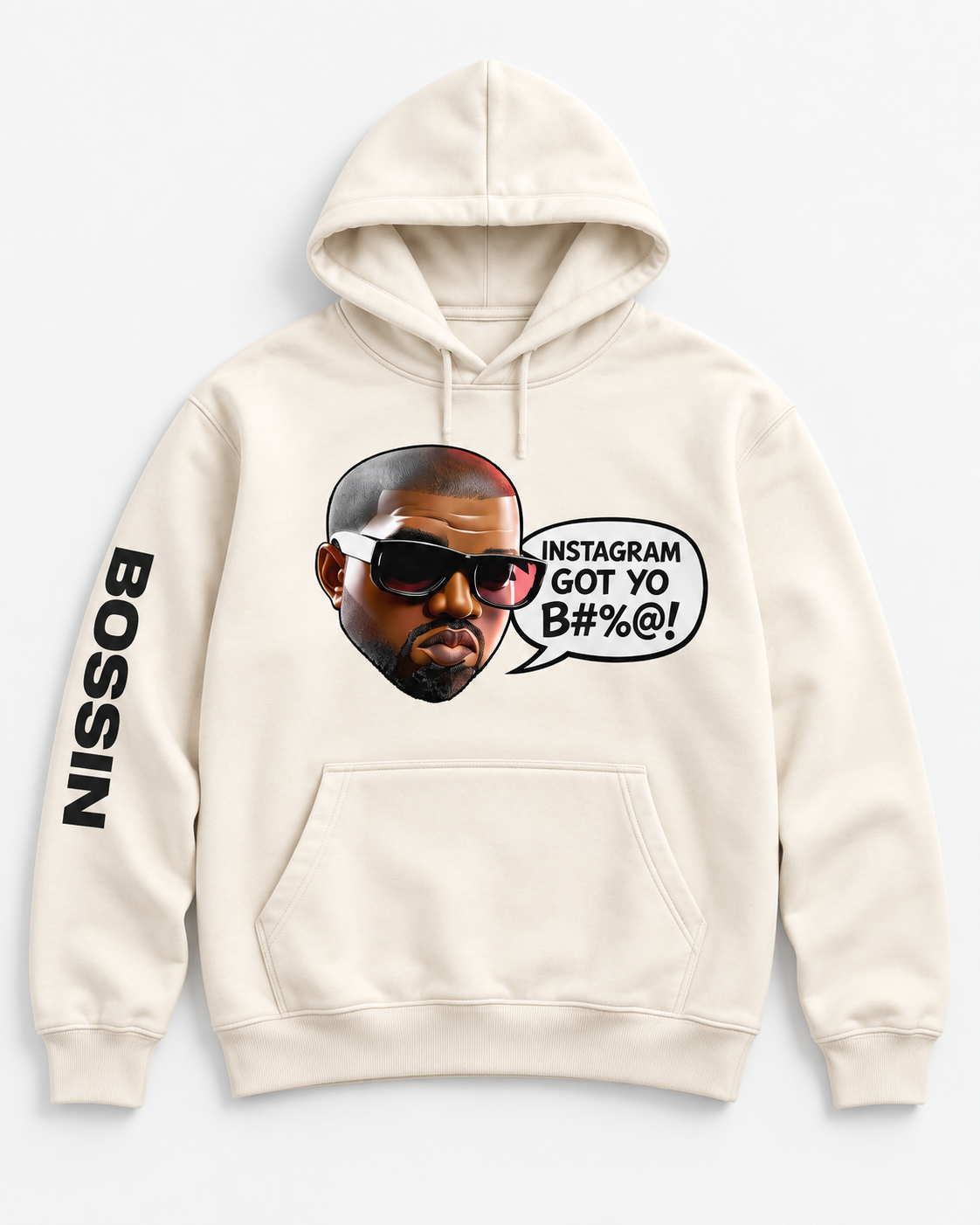 
                  
                    BOSSIN Instagram Got Yo B#%@! Hoodie in cream with BOSSIN sleeve print
                  
                